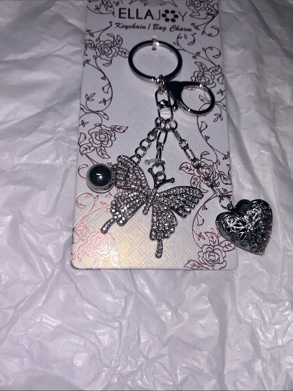 Locket,butterfly,&silver charm bagcharm/keychain silver with rhinestones NWT